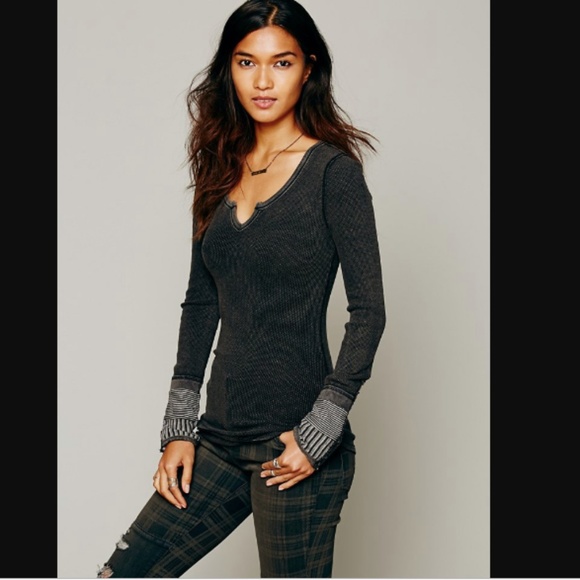 Free People Tops - We The Free Kyoto Cuff Thermal Black Top Shirt Tee